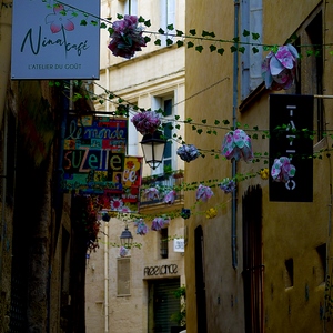 Plusieurs plaques de commerces aux couleurs vives dnas une ruelle bordée de amisons jaunes - France  - collection de photos clin d'oeil, catégorie rues